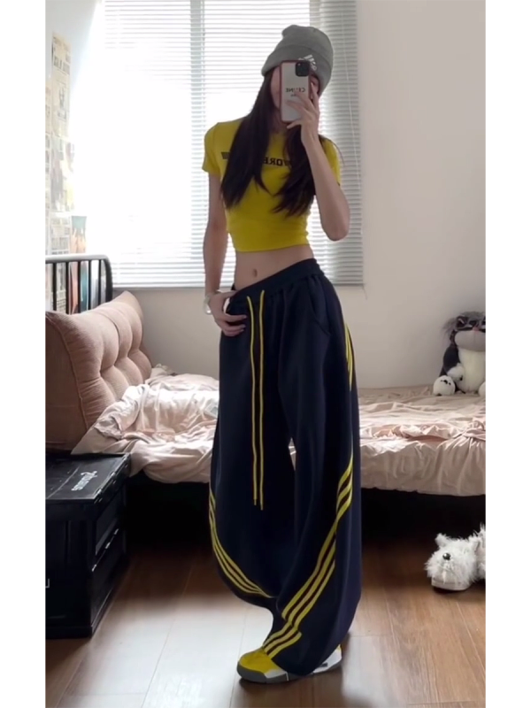 Unisex American Retro Color-Blocking Wide-Leg Cargo Pants - 90s Inspired, Spring 2025 Loose Casual Sportswear