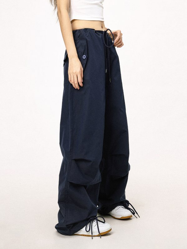 Unisex American Retro Parachute Pants, Street Style Straight Leg Drawstring Loose Fit Casual Trousers, 90s Inspired Fashion