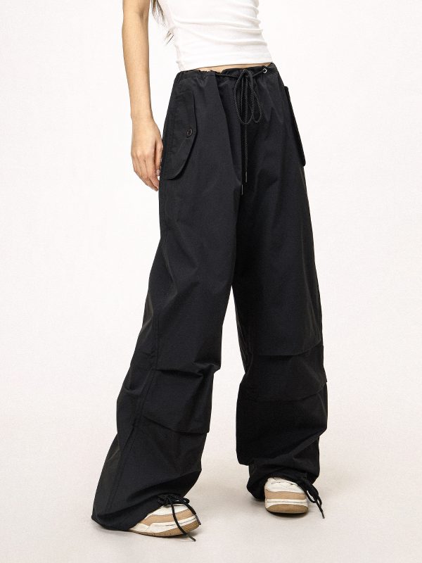 Unisex American Retro Parachute Pants, Street Style Straight Leg Drawstring Loose Fit Casual Trousers, 90s Inspired Fashion