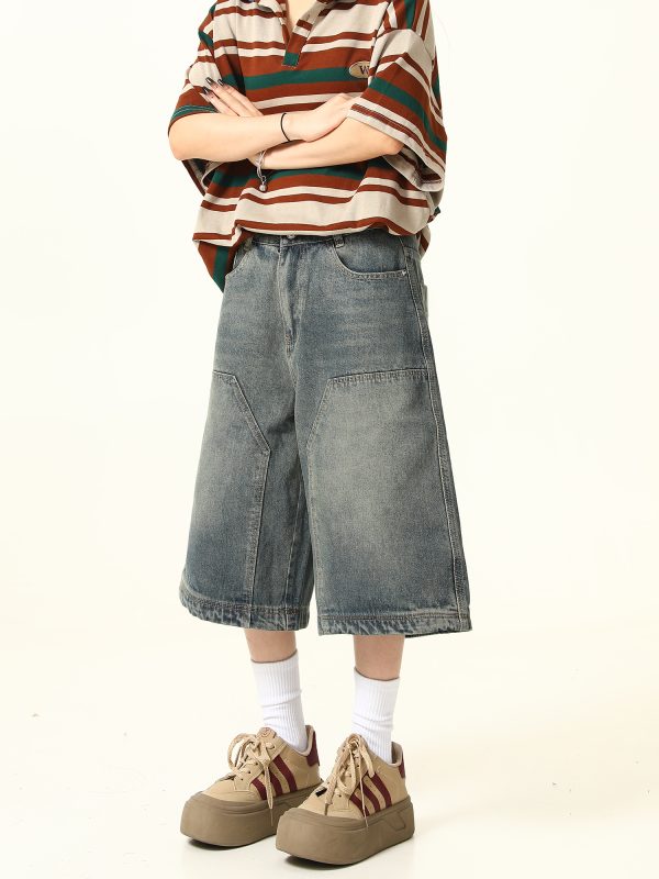 Unisex American Retro Washed Denim Shorts - Trendy Cropped Wide-Leg Straight-Leg Style for Streetwear Fashion