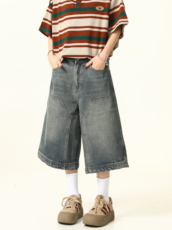 Unisex American Retro Washed Denim Shorts - Trendy Cropped Wide-Leg Straight-Leg Style for Streetwear Fashion