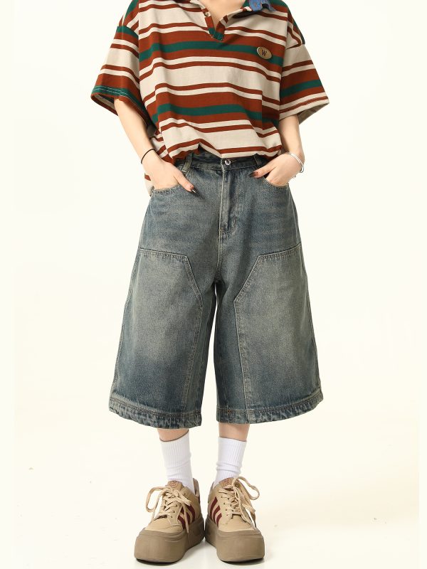 Unisex American Retro Washed Denim Shorts - Trendy Cropped Wide-Leg Straight-Leg Style for Streetwear Fashion