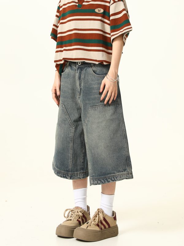 Unisex American Retro Washed Denim Shorts - Trendy Cropped Wide-Leg Straight-Leg Style for Streetwear Fashion