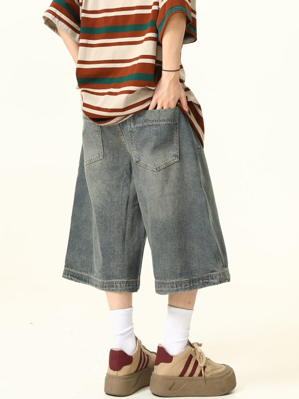 Unisex American Retro Washed Denim Shorts - Trendy Cropped Wide-Leg Straight-Leg Style for Streetwear Fashion