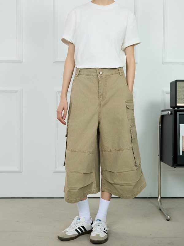 Unisex American-Style Wide-Leg Loose Pleated Seven-Point Shorts for Summer Commuting - Fashionable Workwear with Pockets