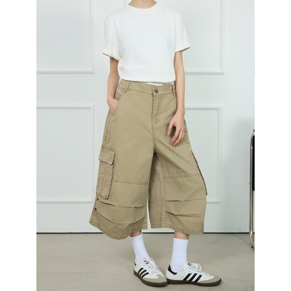 Unisex American-Style Wide-Leg Loose Pleated Seven-Point Shorts for Summer Commuting - Fashionable Workwear with Pockets