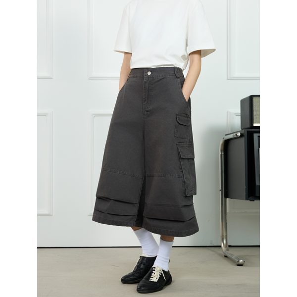 Unisex American-Style Wide-Leg Loose Pleated Seven-Point Shorts for Summer Commuting - Fashionable Workwear with Pockets