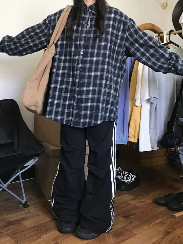 Unisex American Vintage Plaid Shirt - Chic Hong Kong Style Long Sleeve Coat for Spring - Trendy Couples Wool Shirt