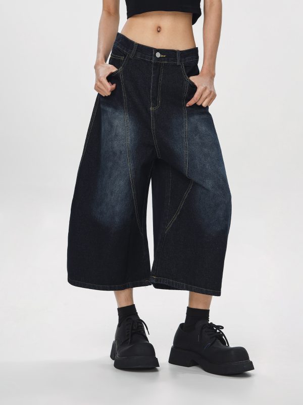 Unisex American Wash Denim Capris - Summer Loose Wide-Leg Pants for Men and Women - Unique 90s Style
