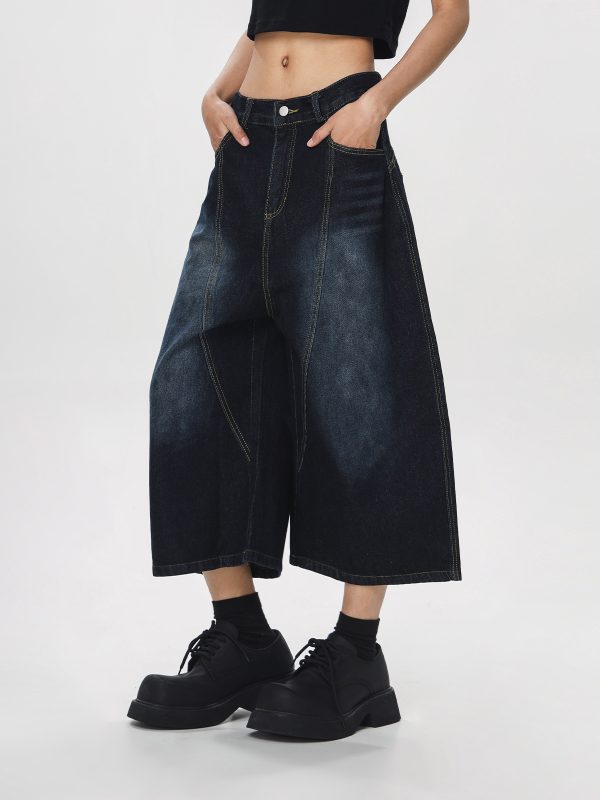 Unisex American Wash Denim Capris - Summer Loose Wide-Leg Pants for Men and Women - Unique 90s Style