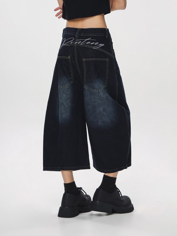 Unisex American Wash Denim Capris - Summer Loose Wide-Leg Pants for Men and Women - Unique 90s Style