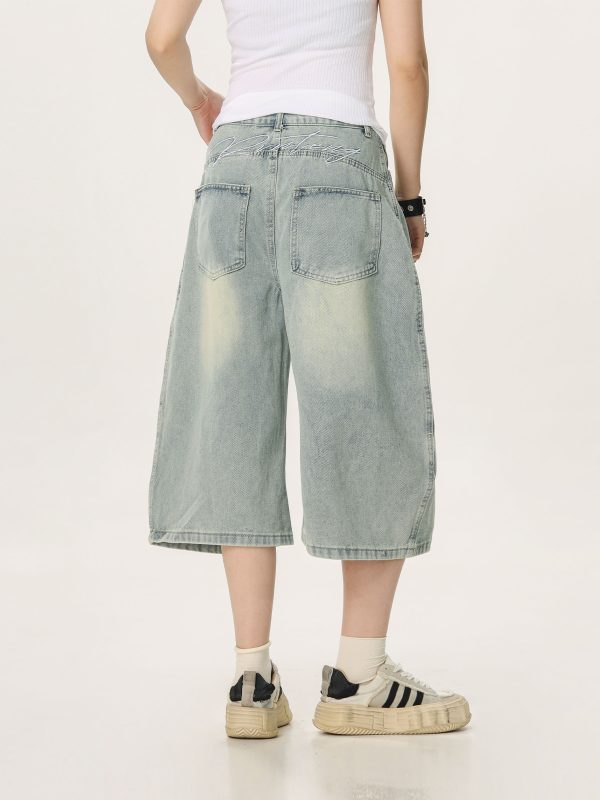 Unisex American Wash Denim Capris - Summer Loose Wide-Leg Pants for Men and Women - Unique 90s Style