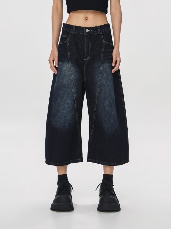 Unisex American Wash Denim Capris - Summer Loose Wide-Leg Pants for Men and Women - Unique 90s Style