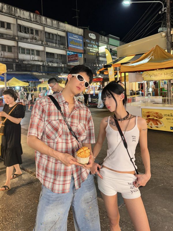 Unisex Brushed Plaid Short Sleeve Shirt - American Style Summer Casual Shirt for Couples, Loose Fit College Trend