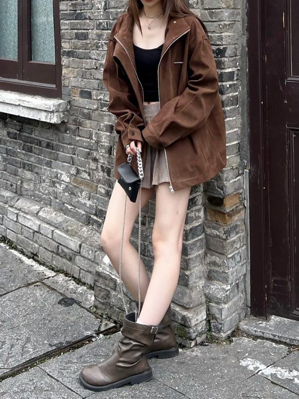 Unisex Caramel Cocoa Suede Motorcycle Jacket with Stand Collar - Vintage Cleanfit Workwear, Trendy Loose Style