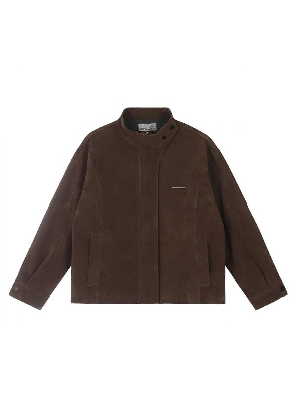 Unisex Caramel Cocoa Suede Motorcycle Jacket with Stand Collar - Vintage Cleanfit Workwear, Trendy Loose Style