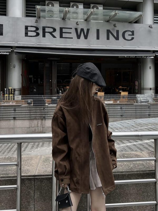 Unisex Caramel Cocoa Suede Motorcycle Jacket with Stand Collar - Vintage Cleanfit Workwear, Trendy Loose Style