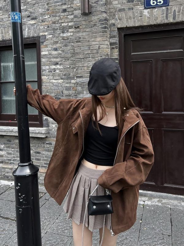 Unisex Caramel Cocoa Suede Motorcycle Jacket with Stand Collar - Vintage Cleanfit Workwear, Trendy Loose Style
