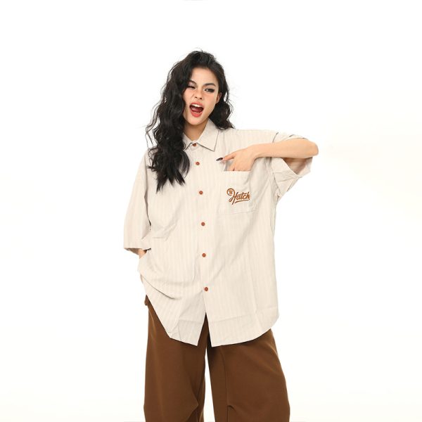 Unisex Deep Gray Short-Sleeve Work Shirt - Loose Fit American Style Summer Couples Top