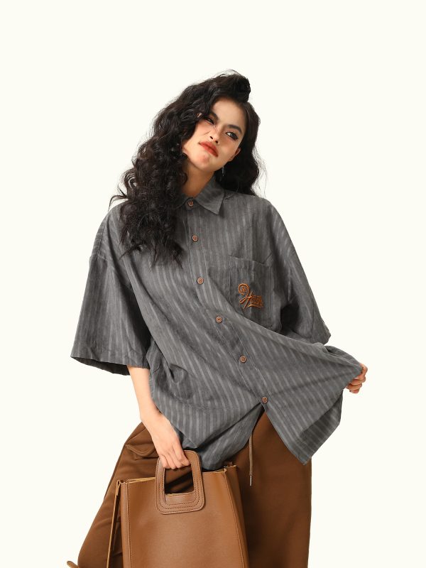 Unisex Deep Gray Short-Sleeve Work Shirt - Loose Fit American Style Summer Couples Top