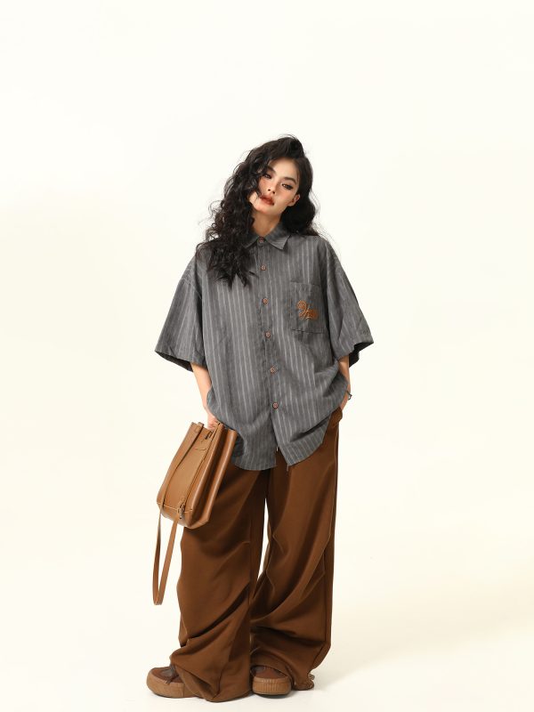Unisex Deep Gray Short-Sleeve Work Shirt - Loose Fit American Style Summer Couples Top