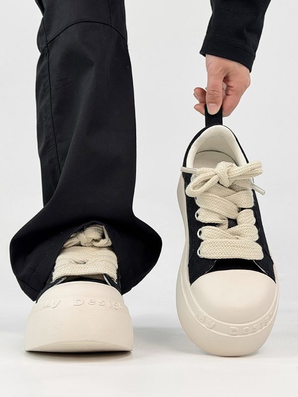 Unisex High Street Thick-Soled Canvas Shoes - Breathable Black & White Platform Sneakers for Height Increase - Versatile Big-Toe Sports Wedges