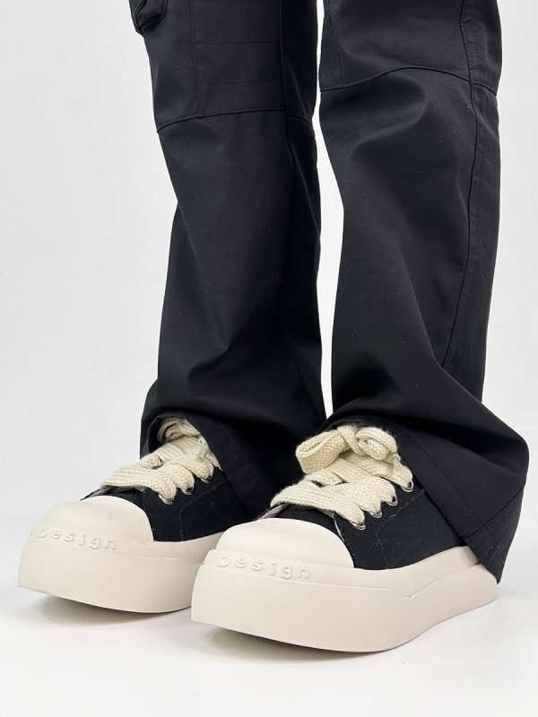 Unisex High Street Thick-Soled Canvas Shoes - Breathable Black & White Platform Sneakers for Height Increase - Versatile Big-Toe Sports Wedges