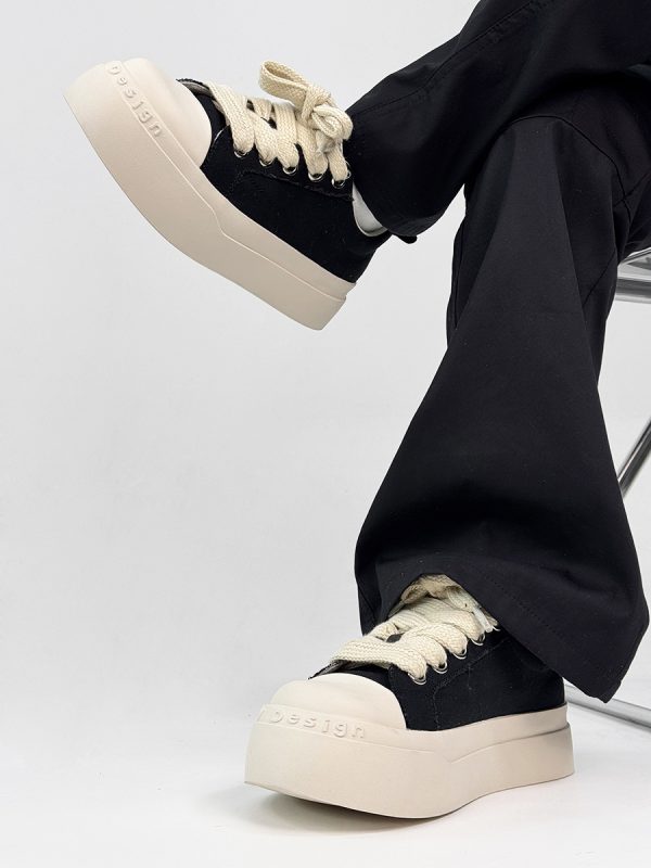 Unisex High Street Thick-Soled Canvas Shoes - Breathable Black & White Platform Sneakers for Height Increase - Versatile Big-Toe Sports Wedges