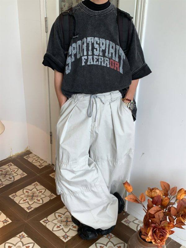 Unisex High Street Vintage Work Pants with Drawstring, Multi-Pocket, Loose Fit Wide-Leg Design - Retro Style for Men and Women