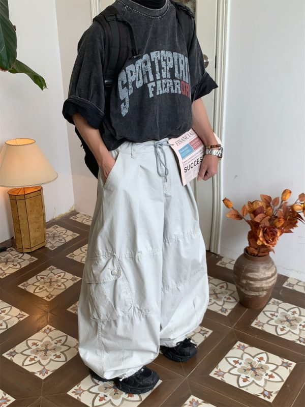 Unisex High Street Vintage Work Pants with Drawstring, Multi-Pocket, Loose Fit Wide-Leg Design - Retro Style for Men and Women