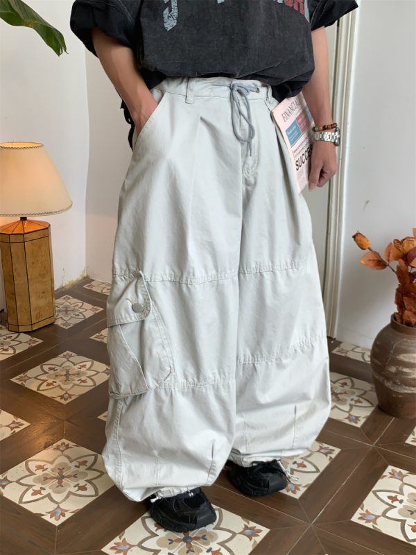 Unisex High Street Vintage Work Pants with Drawstring, Multi-Pocket, Loose Fit Wide-Leg Design - Retro Style for Men and Women