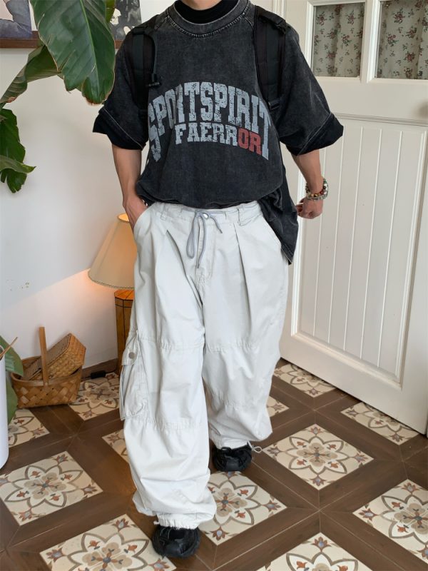 Unisex High Street Vintage Work Pants with Drawstring, Multi-Pocket, Loose Fit Wide-Leg Design - Retro Style for Men and Women
