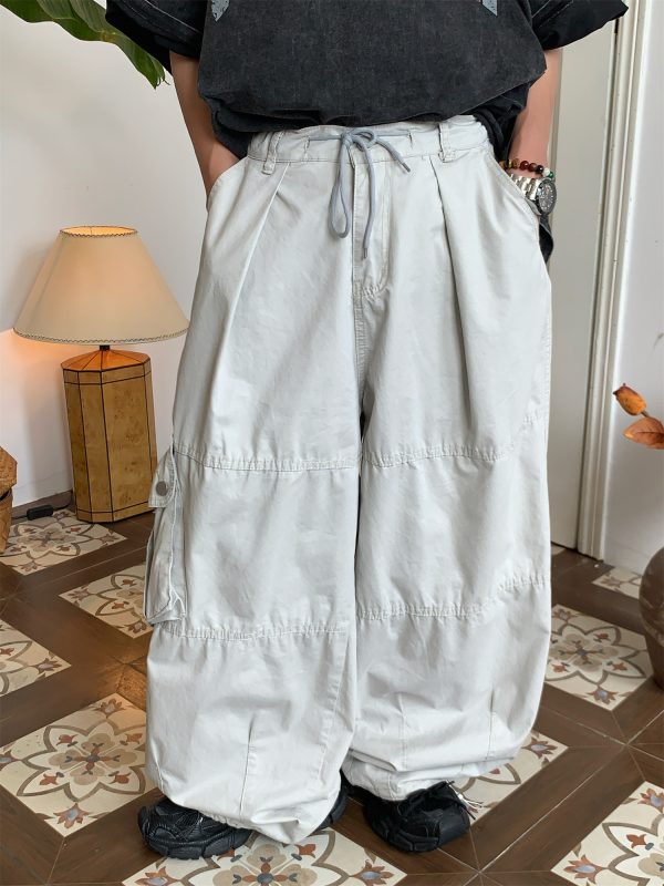 Unisex High Street Vintage Work Pants with Drawstring, Multi-Pocket, Loose Fit Wide-Leg Design - Retro Style for Men and Women