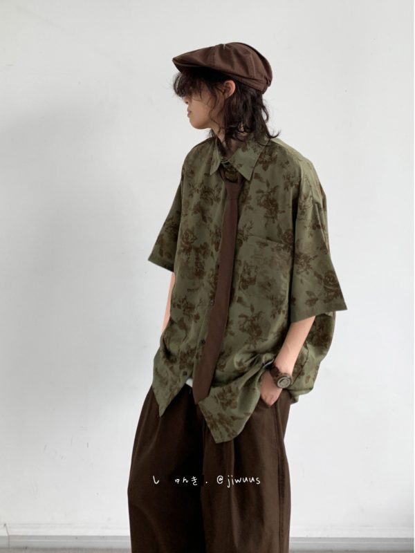 Unisex Japanese-Style Retro Harajuku Floral Shirt - Vintage Loose Fit Short Sleeve Summer Top
