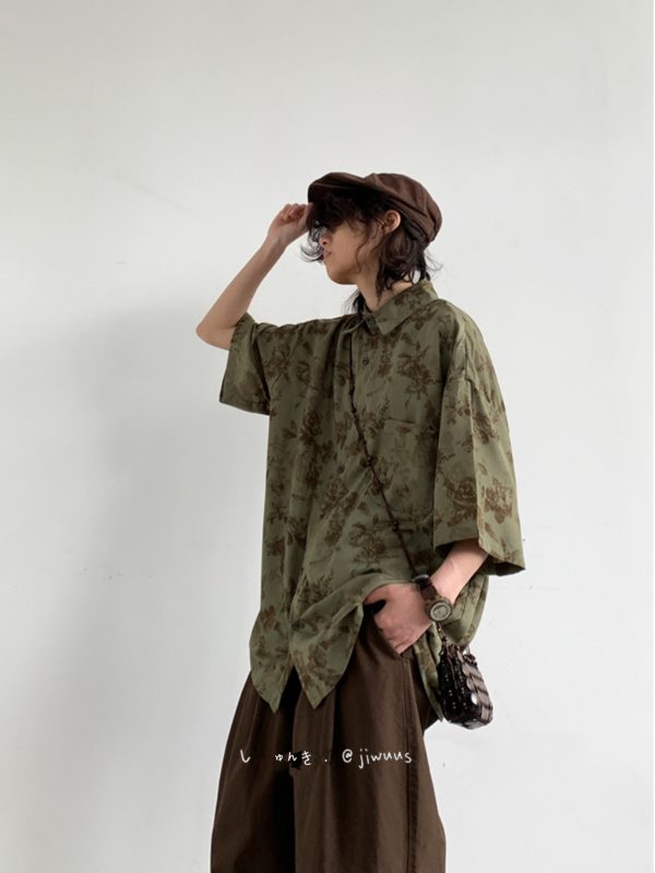 Unisex Japanese-Style Retro Harajuku Floral Shirt - Vintage Loose Fit Short Sleeve Summer Top