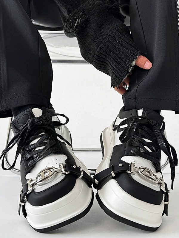 Unisex Lace-Up Casual Sneakers with Square Toe in Black and White - Trendy National Style Sports Shoes for Couples