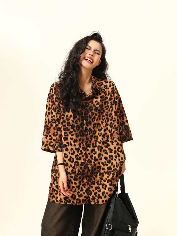Unisex Leopard Print Shirt - Retro American Street Style, Loose Fit Summer Top, Trendy Casual Wear for Men and Women