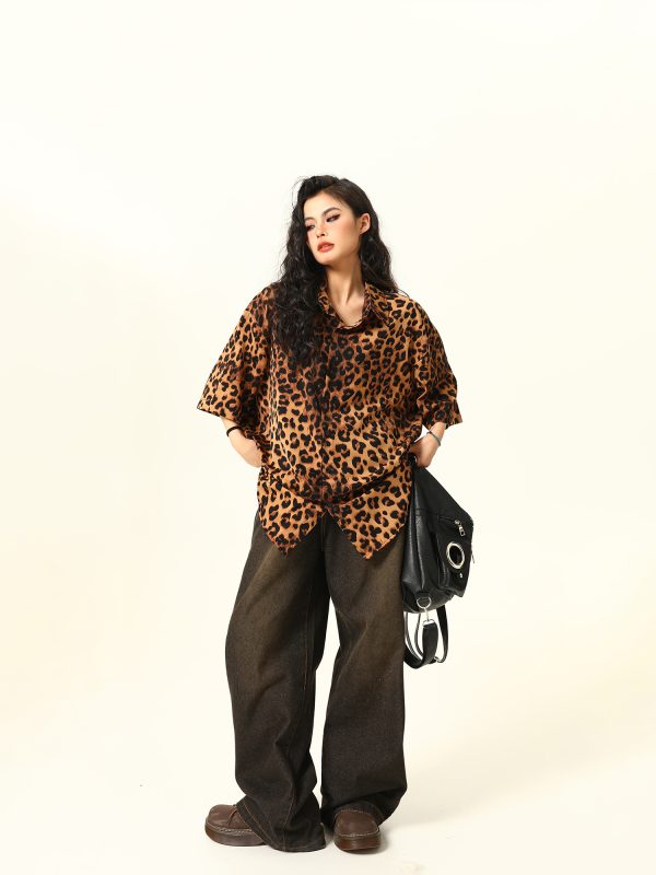 Unisex Leopard Print Shirt - Retro American Street Style, Loose Fit Summer Top, Trendy Casual Wear for Men and Women