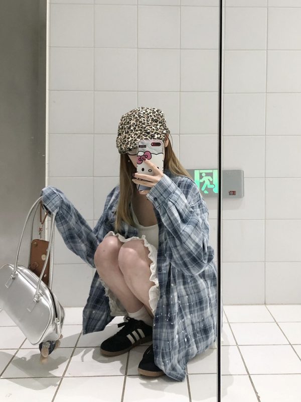 Unisex Long Sleeve Plaid Ink Splash Shirt Jacket - Vintage Loose Fit for Spring & Autumn, Perfect for 90s & Y2K Style