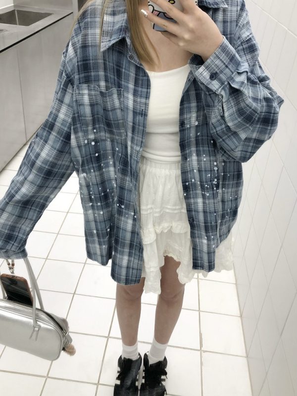 Unisex Long Sleeve Plaid Ink Splash Shirt Jacket - Vintage Loose Fit for Spring & Autumn, Perfect for 90s & Y2K Style