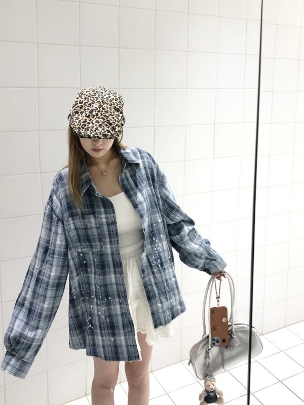 Unisex Long Sleeve Plaid Ink Splash Shirt Jacket - Vintage Loose Fit for Spring & Autumn, Perfect for 90s & Y2K Style