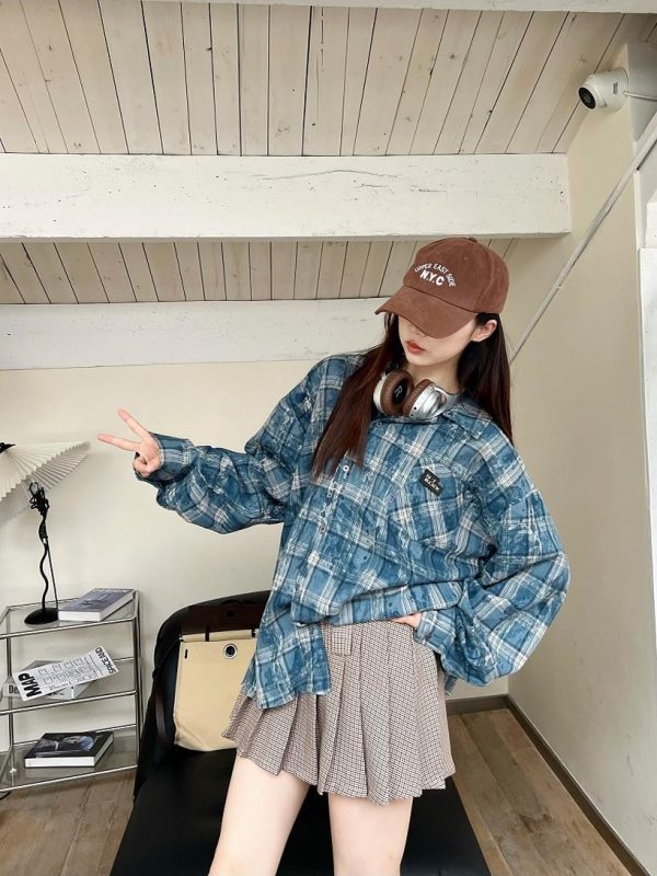 Unisex Long Sleeve Tie-Dye Plaid Shirt Jacket - Retro 90s Galaxy Soda High-End Lazy Style Trend