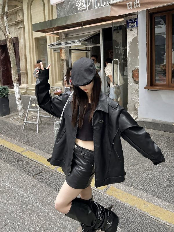 Unisex Oversized Relaxed Fit Black Leather Motorcycle Jacket - Vintage American Style