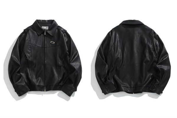 Unisex Oversized Relaxed Fit Black Leather Motorcycle Jacket - Vintage American Style