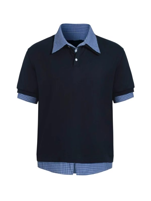 Unisex Plaid Polo Spliced Two-Piece Short Sleeve T-Shirt - Casual Summer Style, American Fashion, Loose Fit