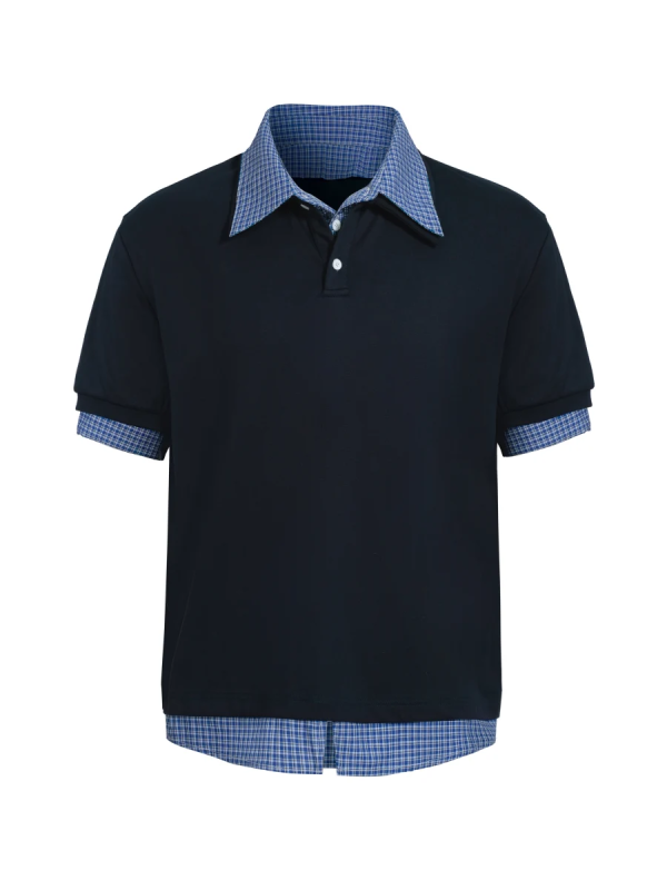 Unisex Plaid Polo Spliced Two-Piece Short Sleeve T-Shirt - Casual Summer Style, American Fashion, Loose Fit