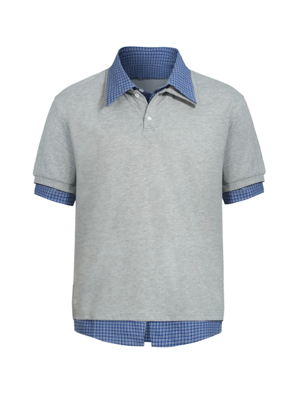 Unisex Plaid Polo Spliced Two-Piece Short Sleeve T-Shirt - Casual Summer Style, American Fashion, Loose Fit
