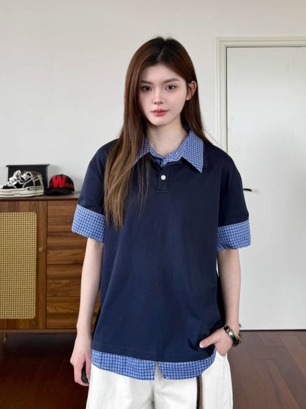 Unisex Plaid Polo Spliced Two-Piece Short Sleeve T-Shirt - Casual Summer Style, American Fashion, Loose Fit
