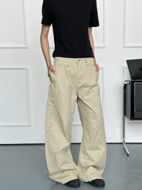 Unisex Retro American Work Pants with Big Pockets and Splicing Design - Casual Curved Knife Style for 90s Inspired Fashion
