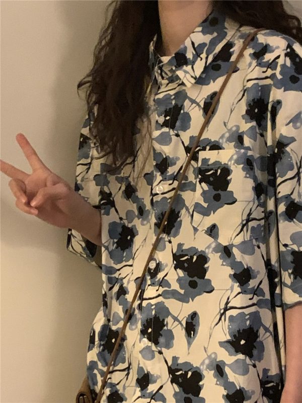 Unisex Retro Floral Polo Collar Shirt - Japanese Style Loose Casual Short Sleeve Top for Summer Fashion